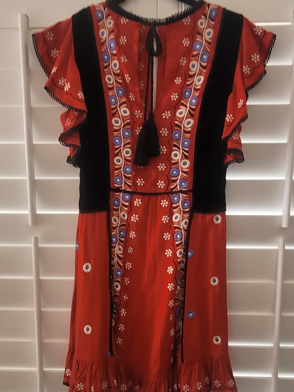 Red Embroidered Flutter-Sleeve Dress